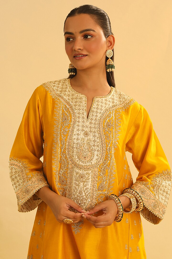 Mustard Silk Chanderi Embroidered Kurta Set For Girls by Sheetal Batra - Kids at Pernia's Pop Up Shop