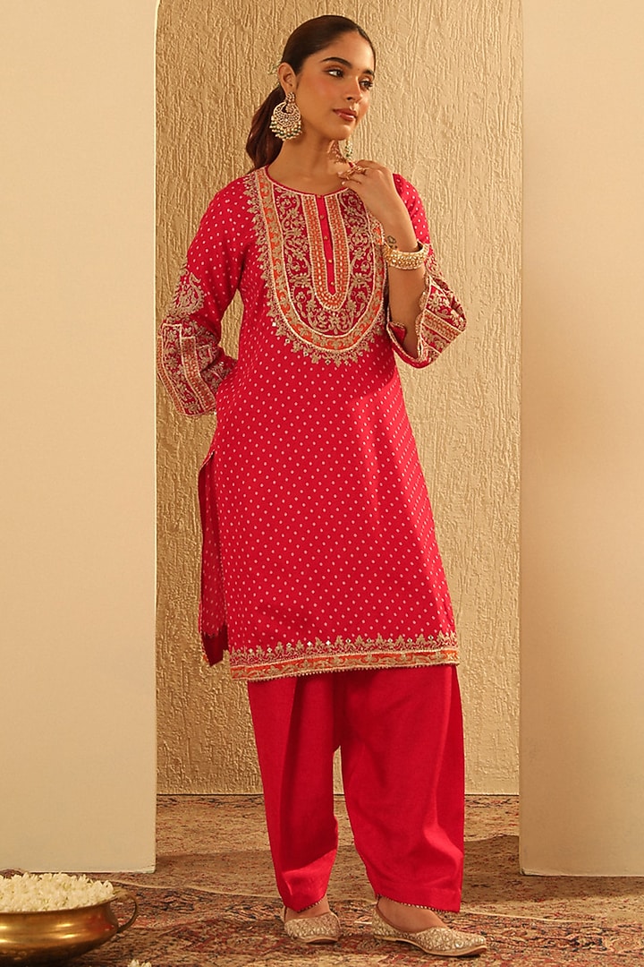 Red Upada Silk Sequin Embellished Kurta Set For Girls by Sheetal Batra - Kids at Pernia's Pop Up Shop