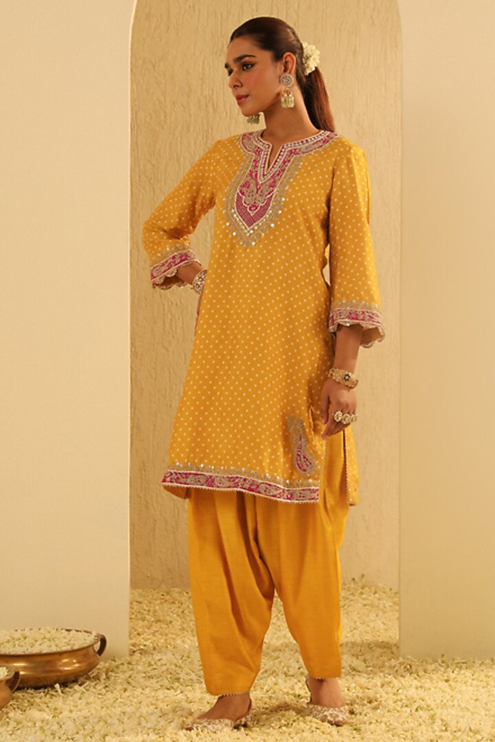 Mustard Upada Silk Sequin Embellished Kurta Set For Girls by Sheetal Batra - Kids at Pernia's Pop Up Shop