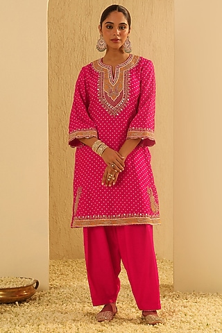 Hot Pink Upada Silk Sequin Embellished Kurta Set For Girls by Sheetal Batra - Kids