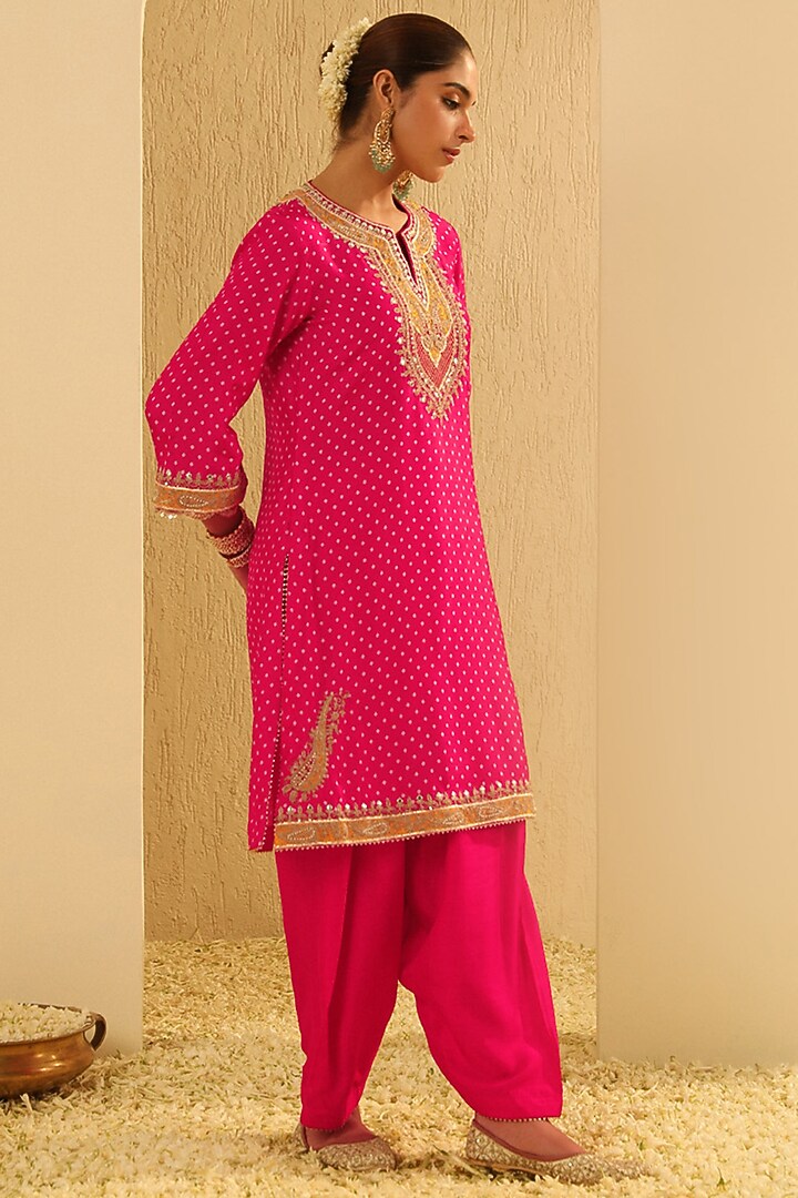 Hot Pink Upada Silk Sequin Embellished Kurta Set For Girls by Sheetal Batra - Kids at Pernia's Pop Up Shop