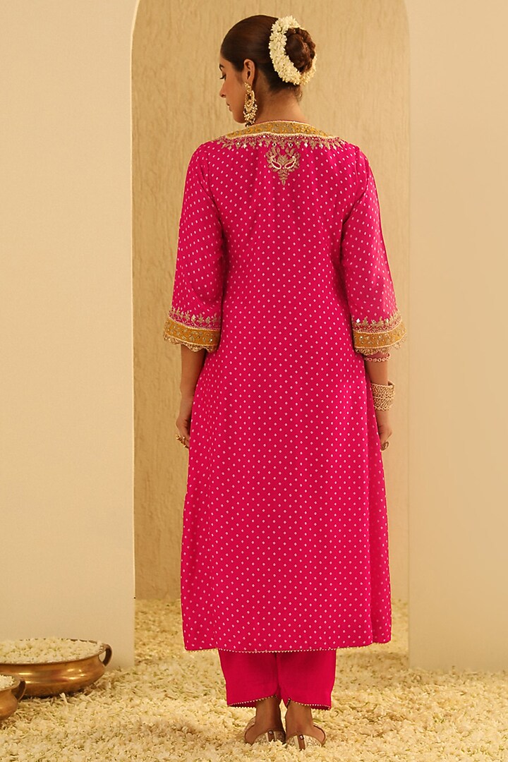 Hot Pink Upada Silk Bandhej Choga Kurta Set For Girls by Sheetal Batra - Kids at Pernia's Pop Up Shop