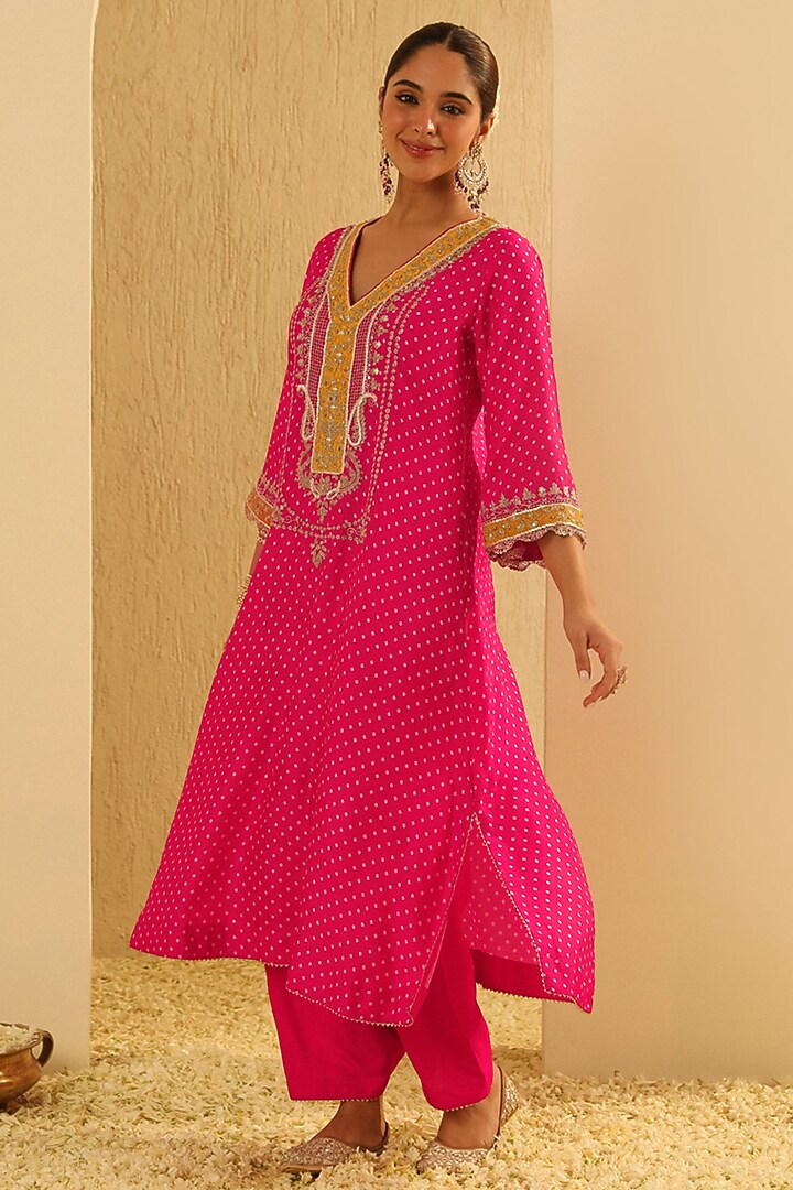 Hot Pink Upada Silk Bandhej Choga Kurta Set For Girls by Sheetal Batra - Kids at Pernia's Pop Up Shop