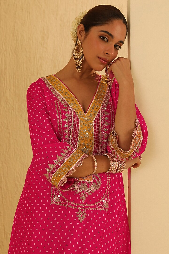 Hot Pink Upada Silk Bandhej Choga Kurta Set For Girls by Sheetal Batra - Kids at Pernia's Pop Up Shop
