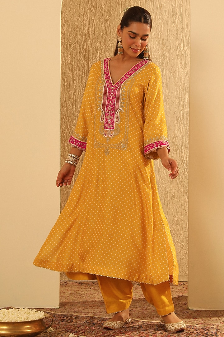 Mustard Upada Silk Bandhej Choga Kurta Set For Girls by Sheetal Batra - Kids at Pernia's Pop Up Shop