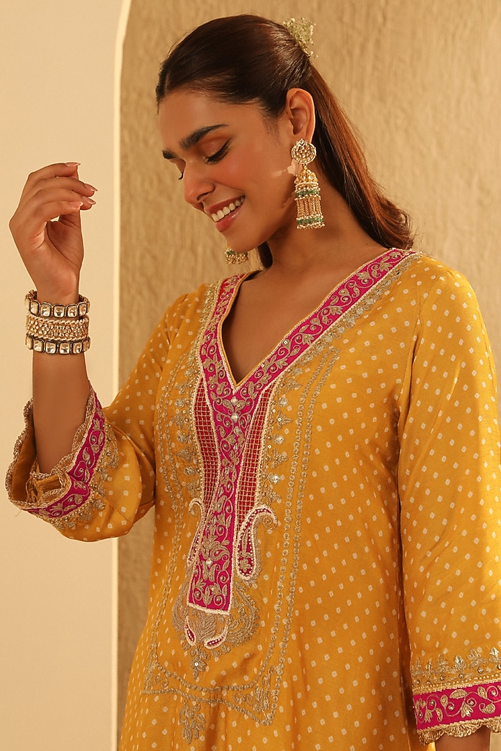 Mustard Upada Silk Bandhej Choga Kurta Set For Girls by Sheetal Batra - Kids at Pernia's Pop Up Shop