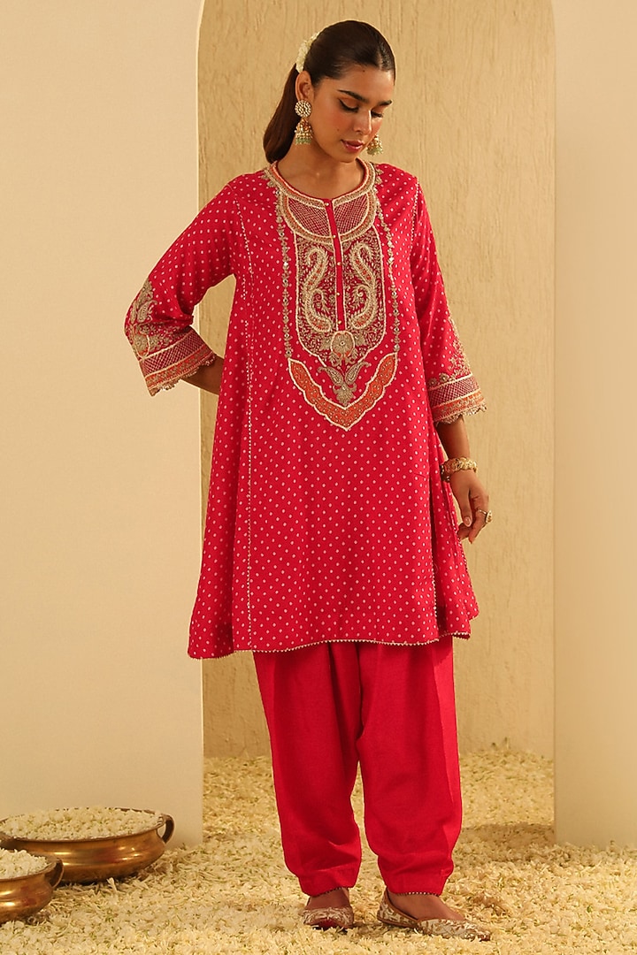 Red Upada Silk Sequin Bandhej Choga Kurta Set For Girls by Sheetal Batra - Kids at Pernia's Pop Up Shop