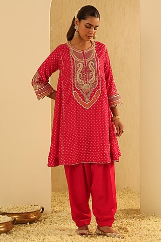 Red Upada Silk Sequin Bandhej Choga Kurta Set For Girls by Sheetal Batra - Kids