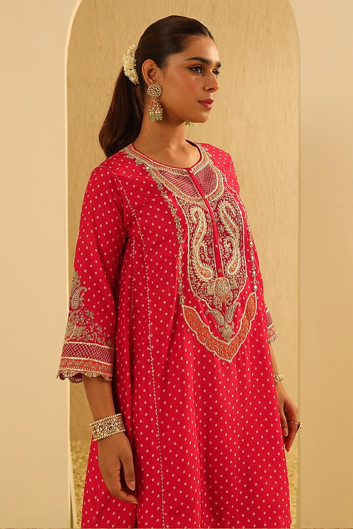 Red Upada Silk Sequin Bandhej Choga Kurta Set For Girls by Sheetal Batra - Kids at Pernia's Pop Up Shop