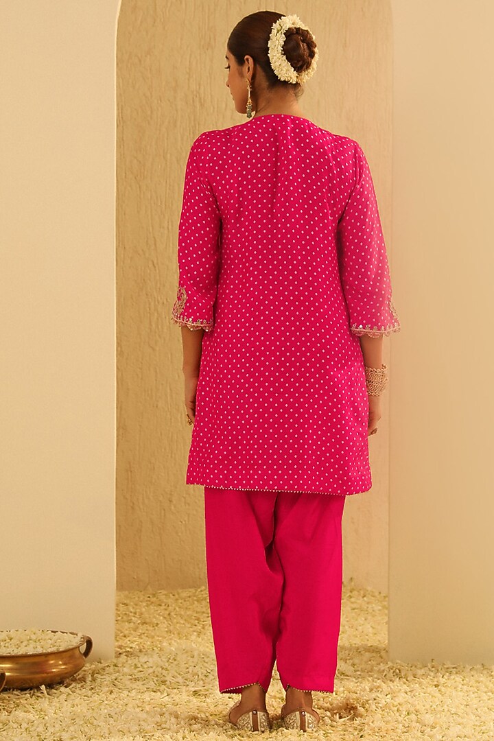 Hot Pink Upada Silk Bandhej Choga Kurta Set For Girls by Sheetal Batra - Kids at Pernia's Pop Up Shop