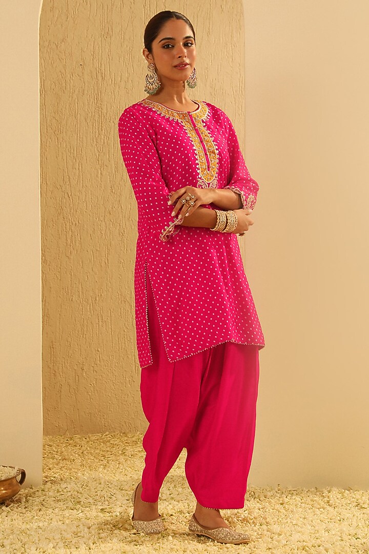 Hot Pink Upada Silk Bandhej Choga Kurta Set For Girls by Sheetal Batra - Kids at Pernia's Pop Up Shop