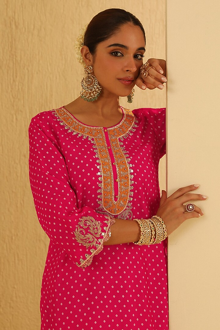 Hot Pink Upada Silk Bandhej Choga Kurta Set For Girls by Sheetal Batra - Kids at Pernia's Pop Up Shop