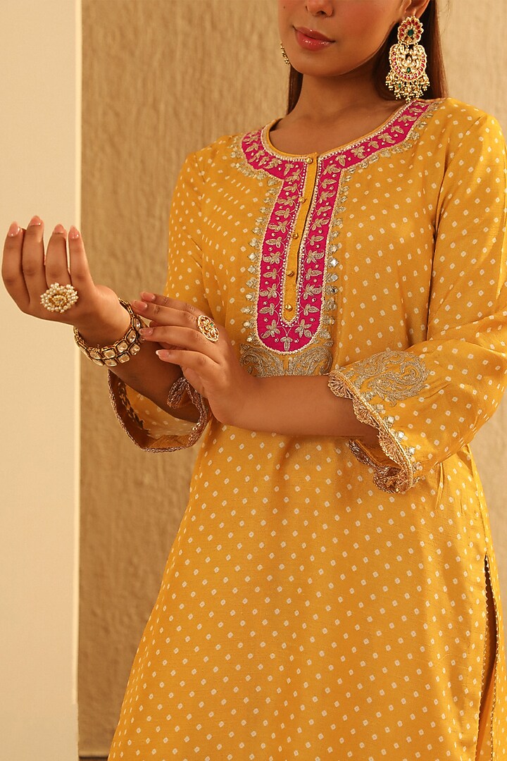 Mustard Upada Silk Bandhej Choga Kurta Set For Girls by Sheetal Batra - Kids at Pernia's Pop Up Shop