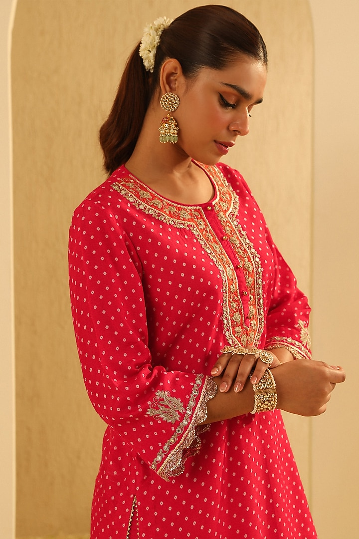 Red Upada Silk Bandhej Choga Kurta Set For Girls by Sheetal Batra - Kids at Pernia's Pop Up Shop