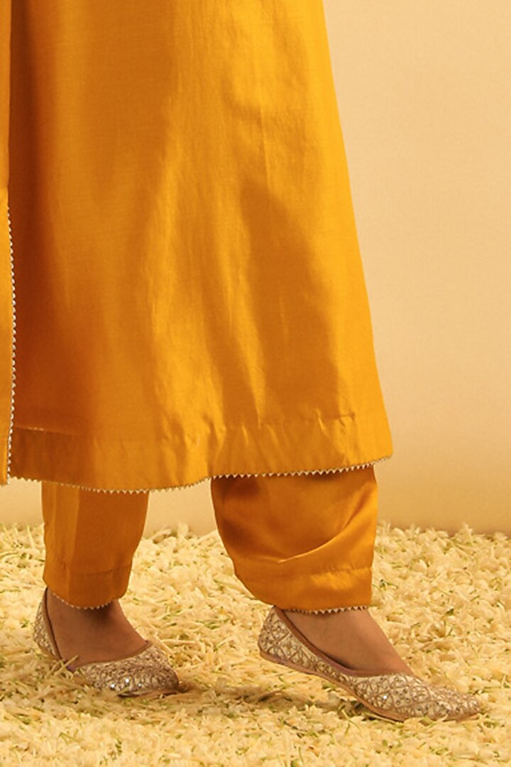 Mustard Silk Chanderi Embroidered A-Line Kurta Set For Girls by Sheetal Batra - Kids at Pernia's Pop Up Shop