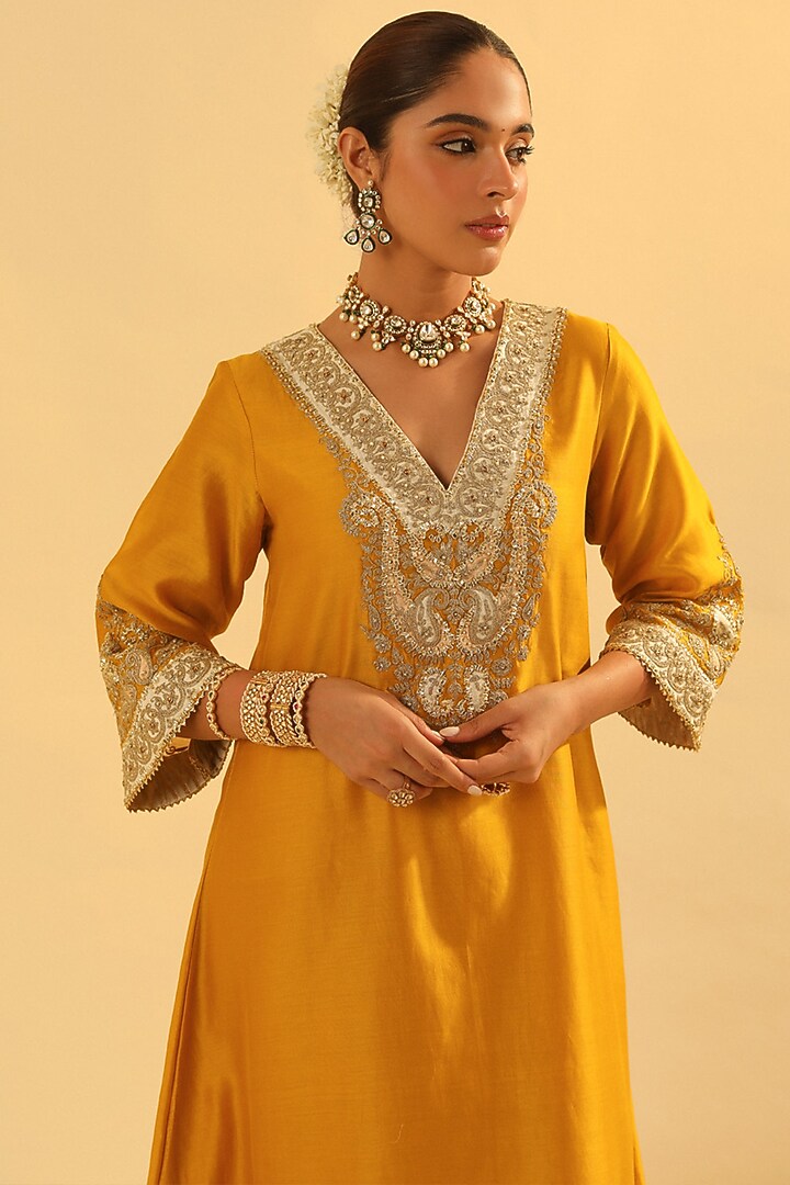 Mustard Silk Chanderi Embroidered A-Line Kurta Set For Girls by Sheetal Batra - Kids at Pernia's Pop Up Shop
