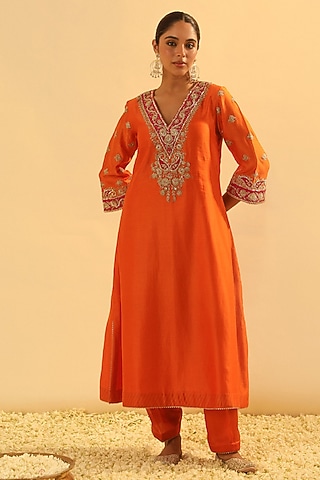 Orange Silk Chanderi Embroidered A-Line Kurta Set For Girls by Sheetal Batra - Kids