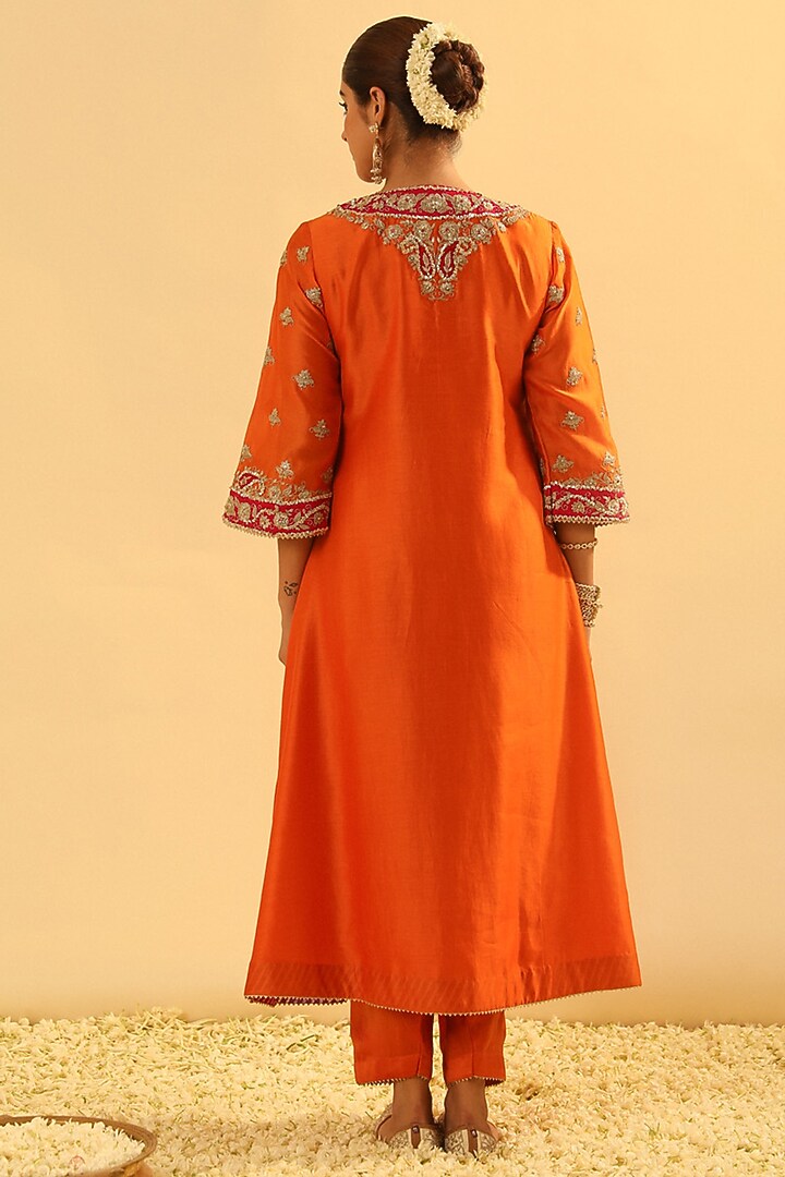 Orange Silk Chanderi Embroidered A-Line Kurta Set For Girls by Sheetal Batra - Kids at Pernia's Pop Up Shop