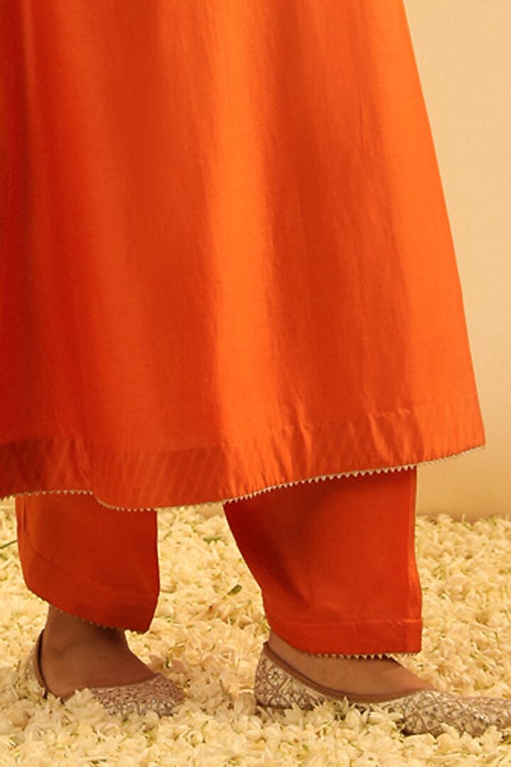 Orange Silk Chanderi Embroidered A-Line Kurta Set For Girls by Sheetal Batra - Kids at Pernia's Pop Up Shop