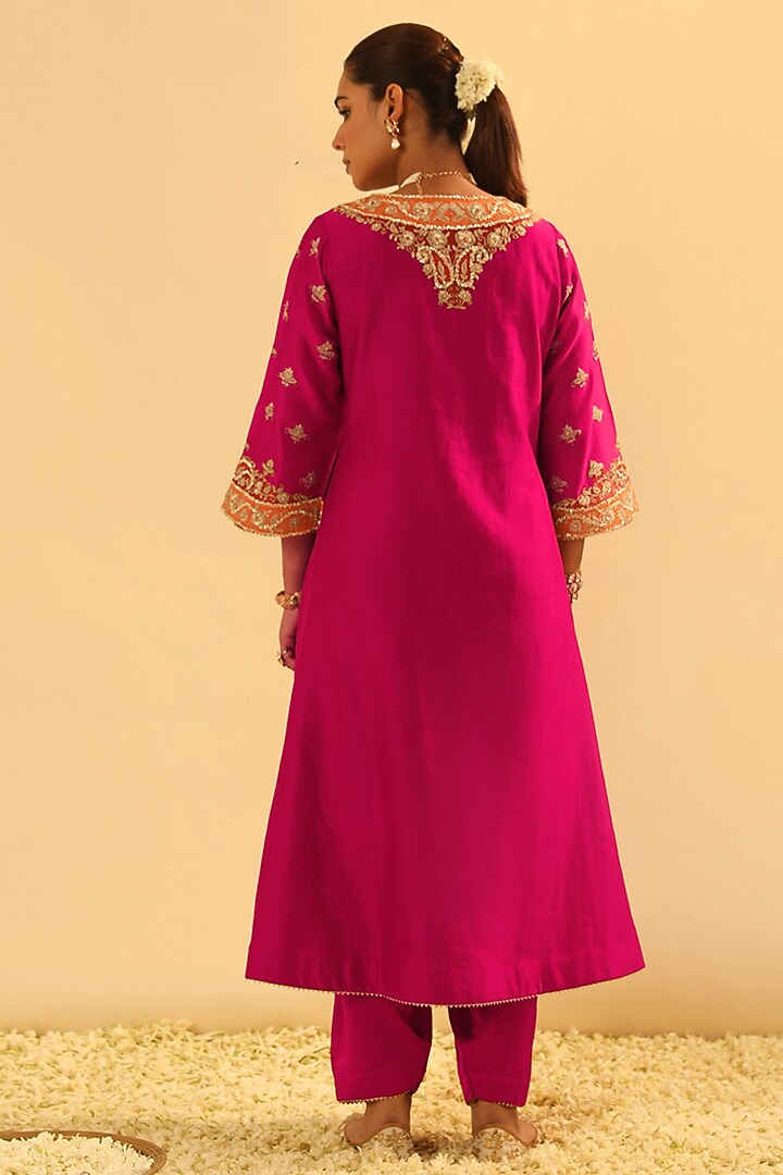 Hot Pink Silk Chanderi Embroidered A-Line Kurta Set For Girls by Sheetal Batra - Kids at Pernia's Pop Up Shop