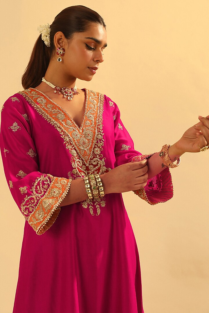 Hot Pink Silk Chanderi Embroidered A-Line Kurta Set For Girls by Sheetal Batra - Kids at Pernia's Pop Up Shop