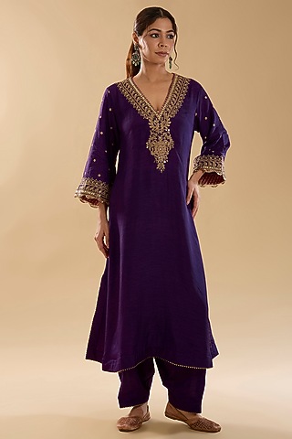 Deep Purple Silk Dupion Dori Embroidered Kurta Set For Girls by Sheetal Batra - Kids
