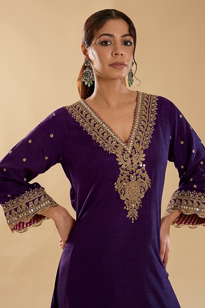 Deep Purple Silk Dupion Dori Embroidered Kurta Set For Girls by Sheetal Batra - Kids at Pernia's Pop Up Shop