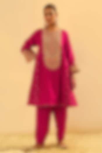 Hot Pink Silk Chanderi Embroidered Kalidar Kurta Set For Girls by Sheetal Batra - Kids at Pernia's Pop Up Shop