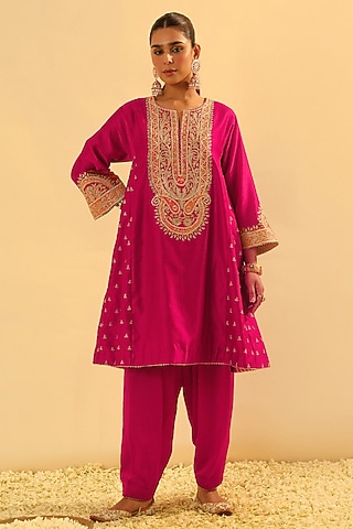 Hot Pink Silk Chanderi Embroidered Kalidar Kurta Set For Girls by Sheetal Batra - Kids