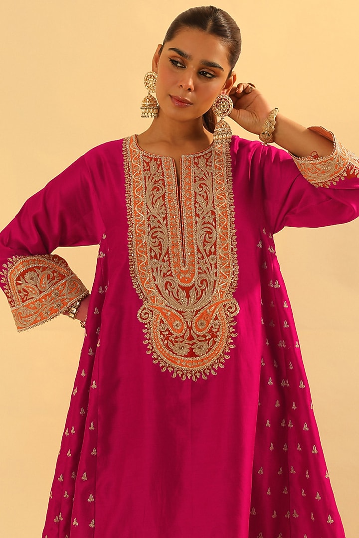 Hot Pink Silk Chanderi Embroidered Kalidar Kurta Set For Girls by Sheetal Batra - Kids at Pernia's Pop Up Shop