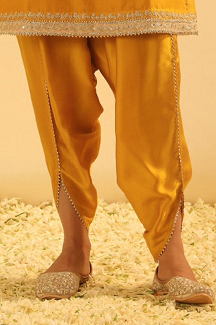 Mustard Silk Chanderi Embroidered Short Kurta Set For Girls by Sheetal Batra - Kids at Pernia's Pop Up Shop