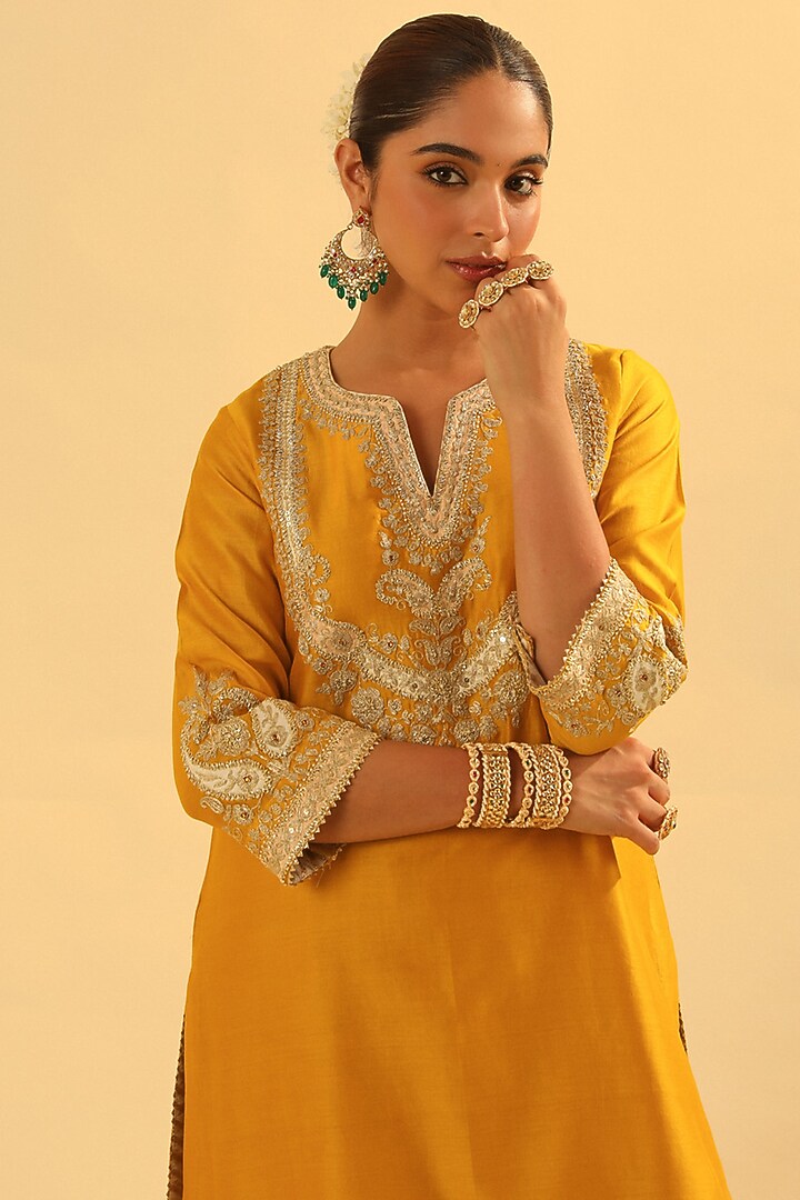 Mustard Silk Chanderi Embroidered Short Kurta Set For Girls by Sheetal Batra - Kids at Pernia's Pop Up Shop