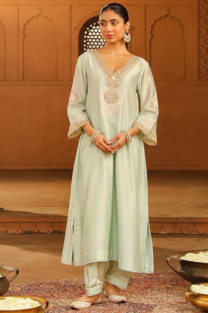 Misty Green Pure Silk Chanderi Embroidered A-Line Kurta Set For Girls by Sheetal Batra - Kids at Pernia's Pop Up Shop
