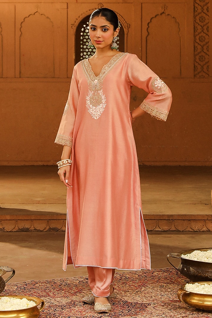 Off-Rose Pure Silk Chanderi Embroidered A-Line Kurta Set For Girls by Sheetal Batra - Kids at Pernia's Pop Up Shop