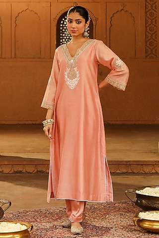 Off-Rose Pure Silk Chanderi Embroidered A-Line Kurta Set For Girls by Sheetal Batra - Kids