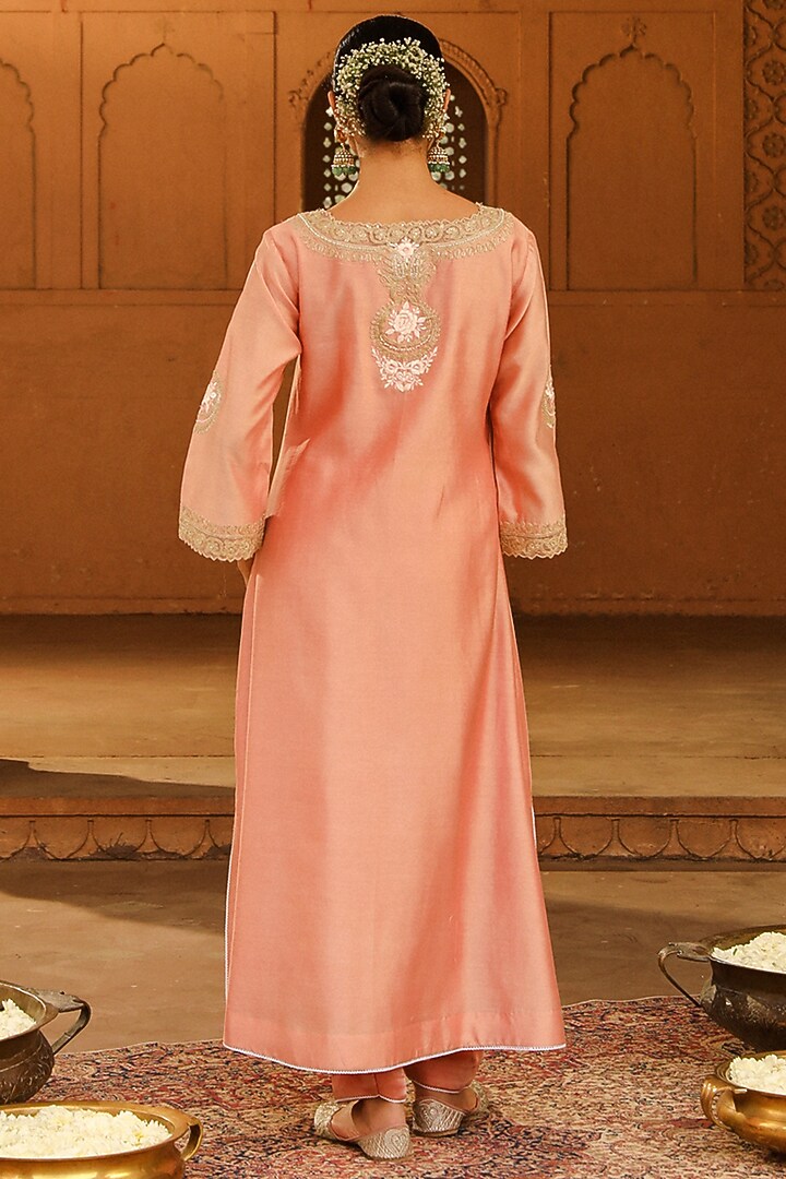 Off-Rose Pure Silk Chanderi Embroidered A-Line Kurta Set For Girls by Sheetal Batra - Kids at Pernia's Pop Up Shop