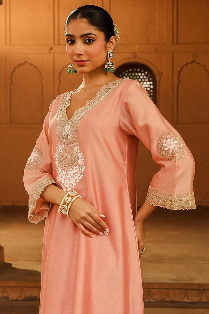 Off-Rose Pure Silk Chanderi Embroidered A-Line Kurta Set For Girls by Sheetal Batra - Kids at Pernia's Pop Up Shop