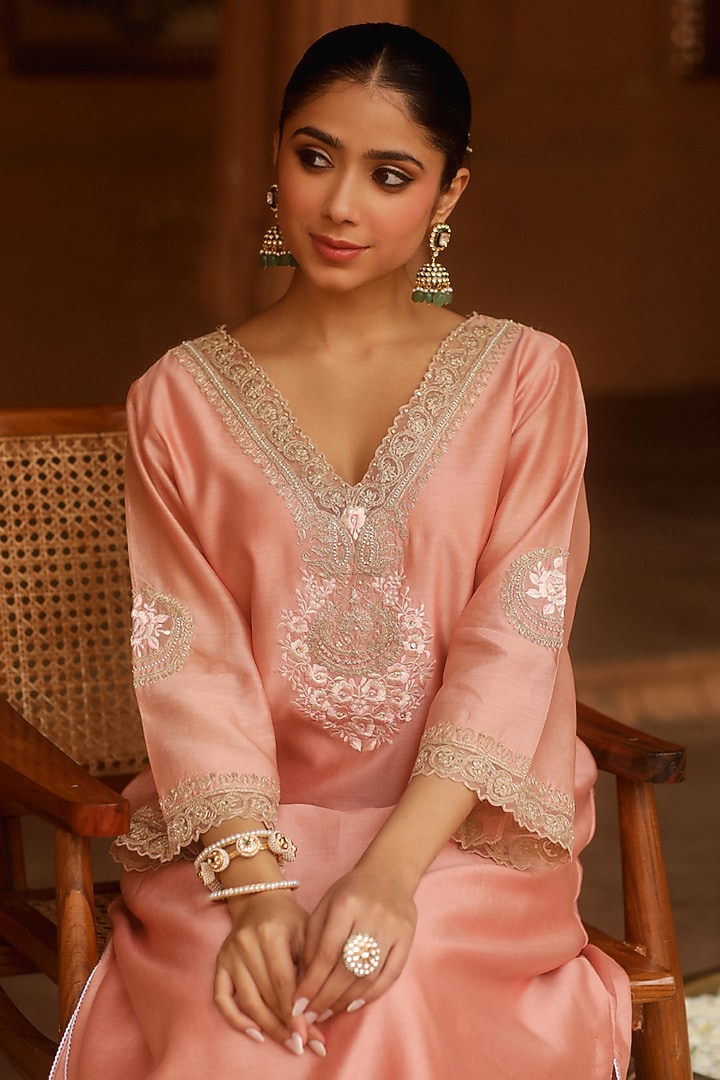 Off-Rose Pure Silk Chanderi Embroidered A-Line Kurta Set For Girls by Sheetal Batra - Kids at Pernia's Pop Up Shop