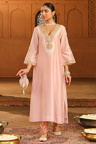 Blush Pink Pure Silk Chanderi Embroidered A-Line Kurta Set For Girls by Sheetal Batra - Kids