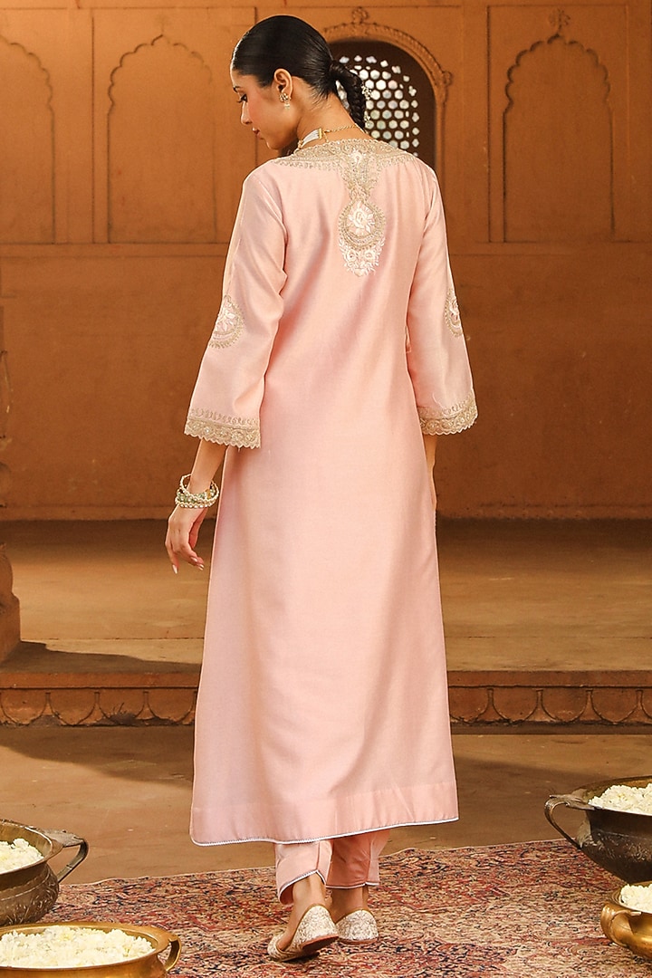 Blush Pink Pure Silk Chanderi Embroidered A-Line Kurta Set For Girls by Sheetal Batra - Kids at Pernia's Pop Up Shop
