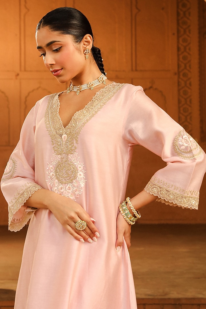 Blush Pink Pure Silk Chanderi Embroidered A-Line Kurta Set For Girls by Sheetal Batra - Kids at Pernia's Pop Up Shop
