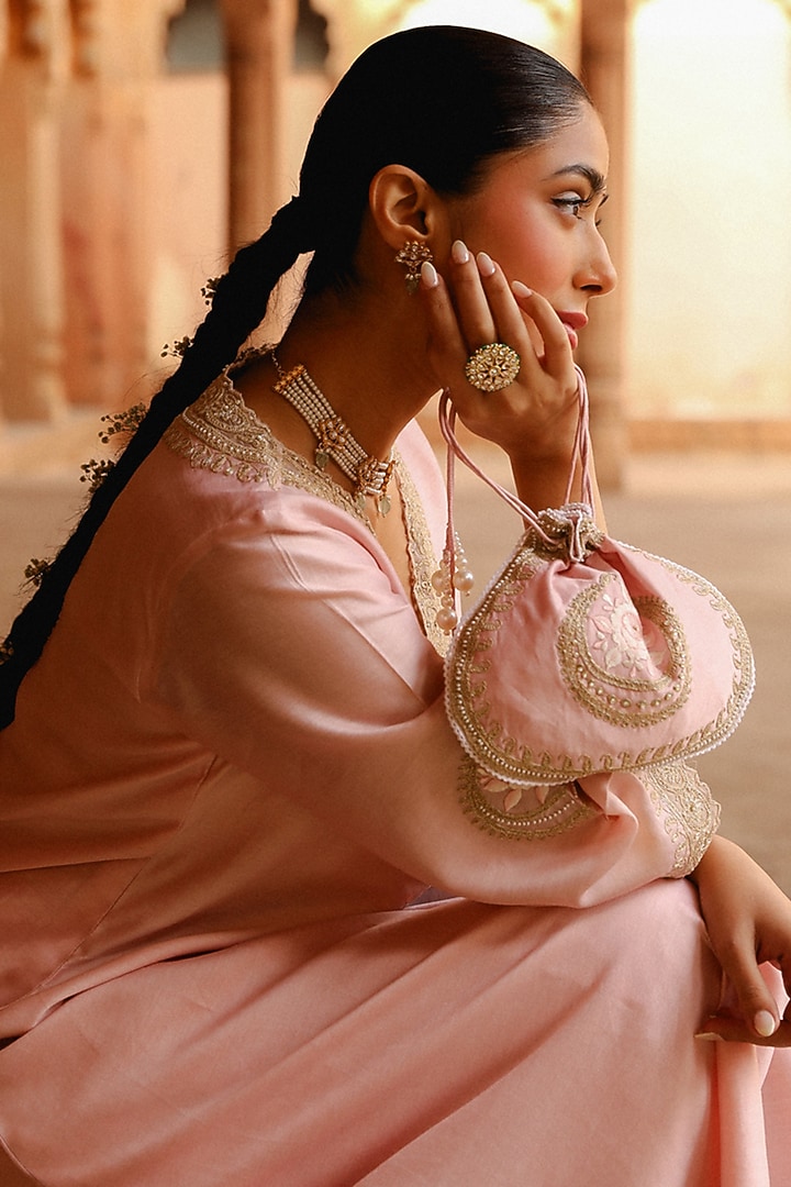 Blush Pink Pure Silk Chanderi Embroidered A-Line Kurta Set For Girls by Sheetal Batra - Kids at Pernia's Pop Up Shop