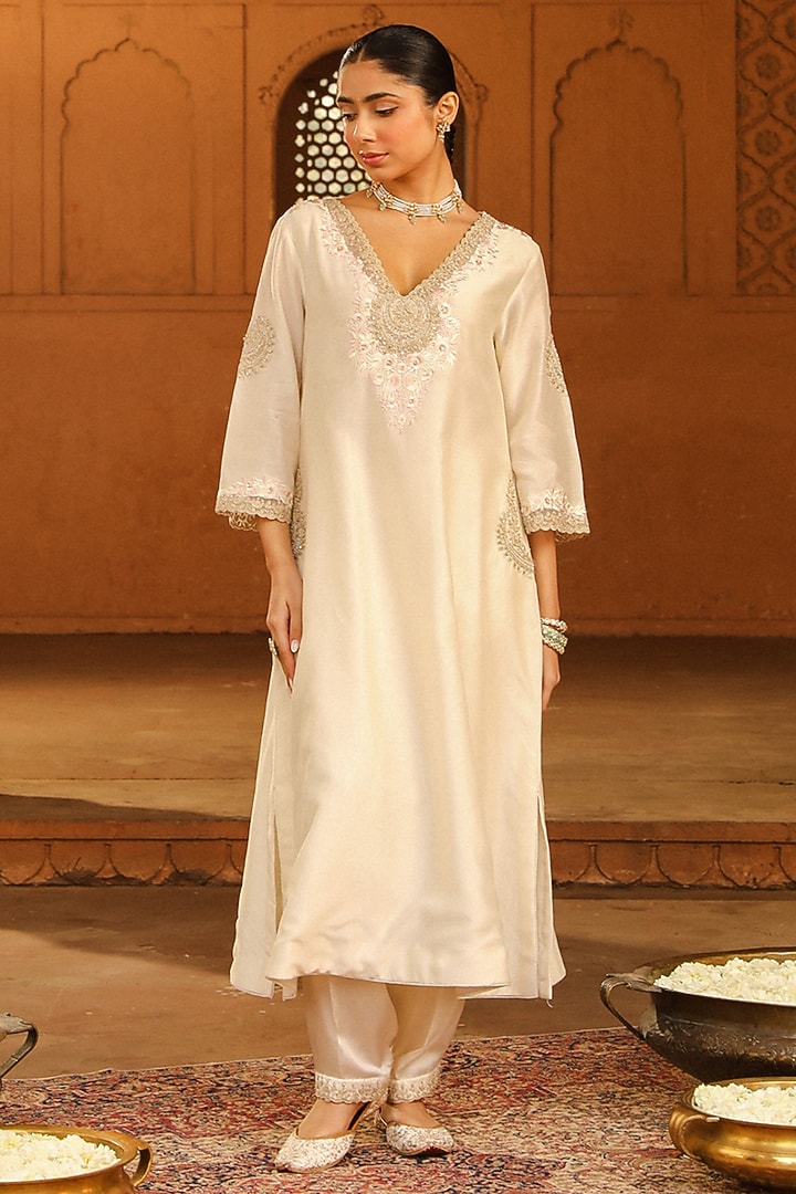 Ivory Pure Silk Chanderi Embroidered A-Line Kurta Set For Girls by Sheetal Batra - Kids at Pernia's Pop Up Shop