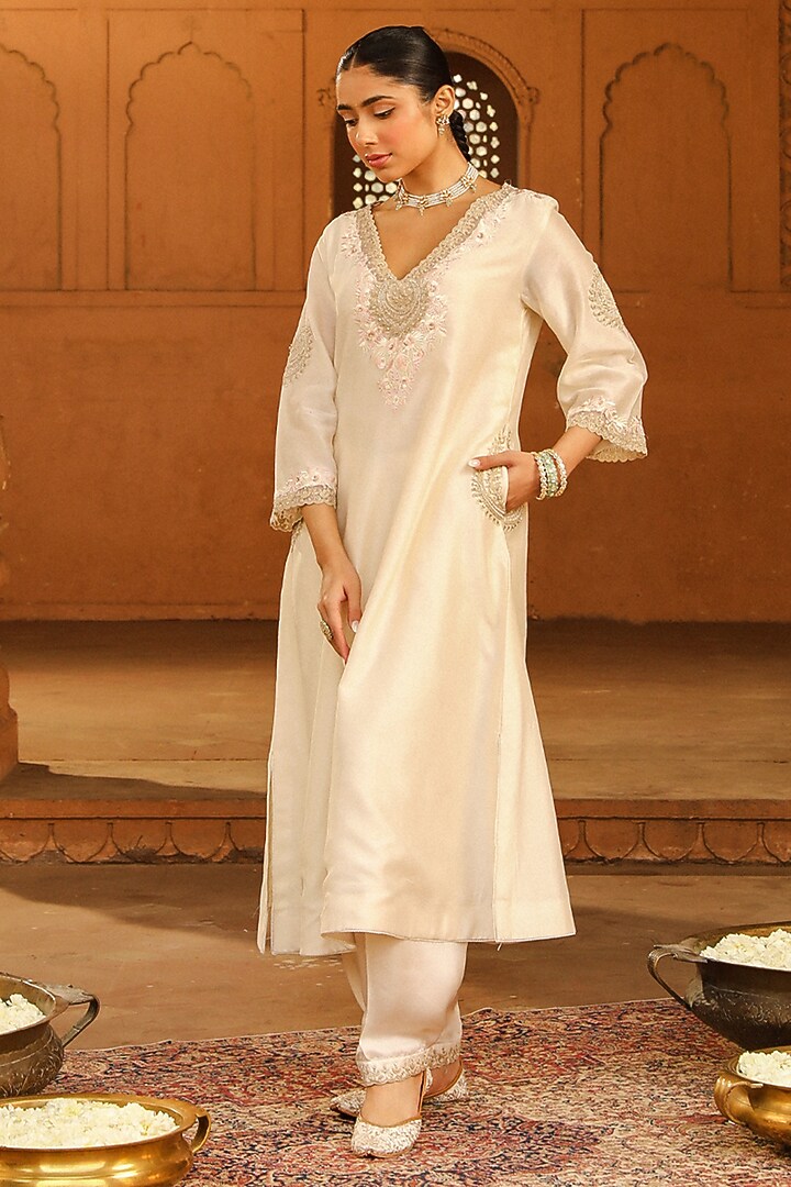 Ivory Pure Silk Chanderi Embroidered A-Line Kurta Set For Girls by Sheetal Batra - Kids at Pernia's Pop Up Shop