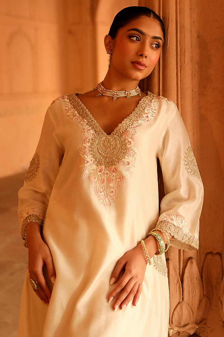 Ivory Pure Silk Chanderi Embroidered A-Line Kurta Set For Girls by Sheetal Batra - Kids at Pernia's Pop Up Shop