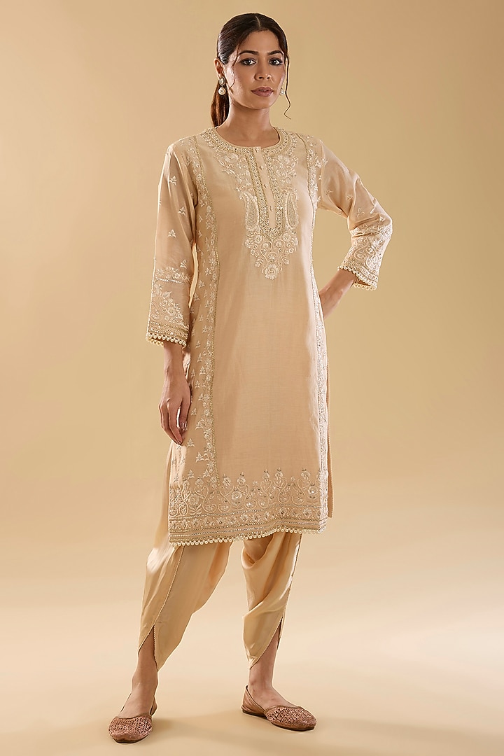 Beige Silk Chanderi Parsi Gara Embroidered Kurta Set For Girls by Sheetal Batra - Kids at Pernia's Pop Up Shop
