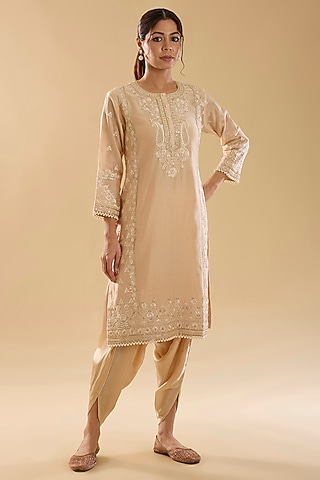 Beige Silk Chanderi Parsi Gara Embroidered Kurta Set For Girls by Sheetal Batra - Kids