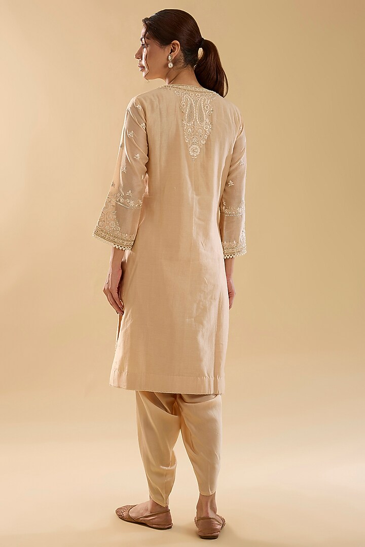 Beige Silk Chanderi Parsi Gara Embroidered Kurta Set For Girls by Sheetal Batra - Kids at Pernia's Pop Up Shop