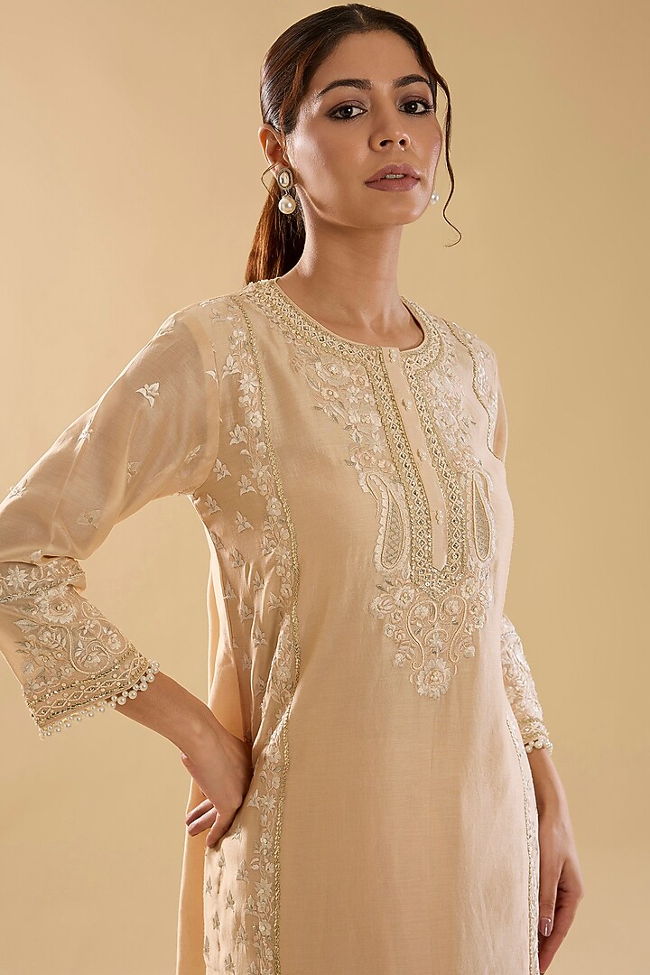 Beige Silk Chanderi Parsi Gara Embroidered Kurta Set For Girls by Sheetal Batra - Kids at Pernia's Pop Up Shop