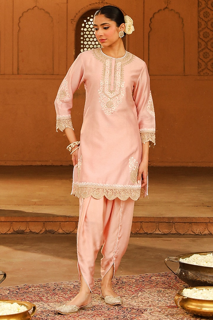 Blush Pink Silk Chanderi Embroidered Short Kurta Set For Girls by Sheetal Batra - Kids at Pernia's Pop Up Shop